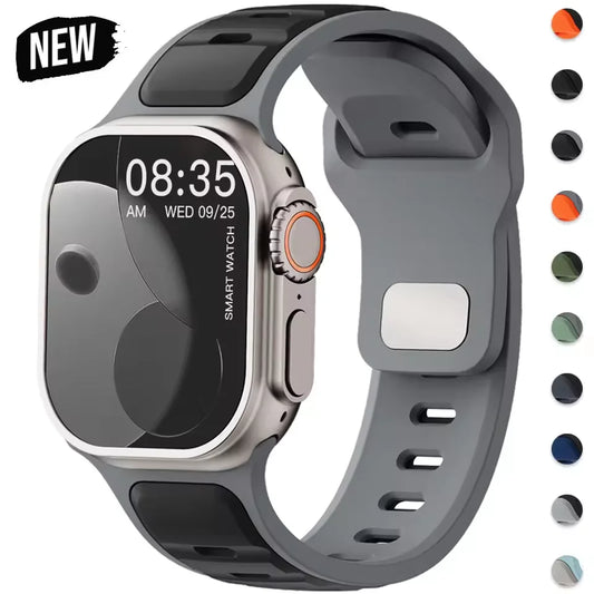 Pulseira esportiva de silicone para Apple Watch Series 11, 10, 9, 8, 7, 6, 5, 4, SE3, Ultra 1 e 2, nos tamanhos 49 mm, 46 mm, 45 mm, 44 mm, 42 mm, 41 mm e 40 mm.
