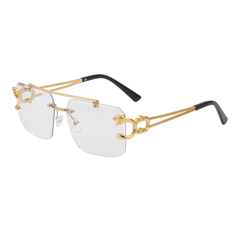 Óculos de Sol Fashion Metal Leopard sem Aro com Ponte Dupla, Lentes Degradê Ocean Film e Proteção UV400