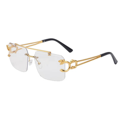 Óculos de Sol Fashion Metal Leopard sem Aro com Ponte Dupla, Lentes Degradê Ocean Film e Proteção UV400