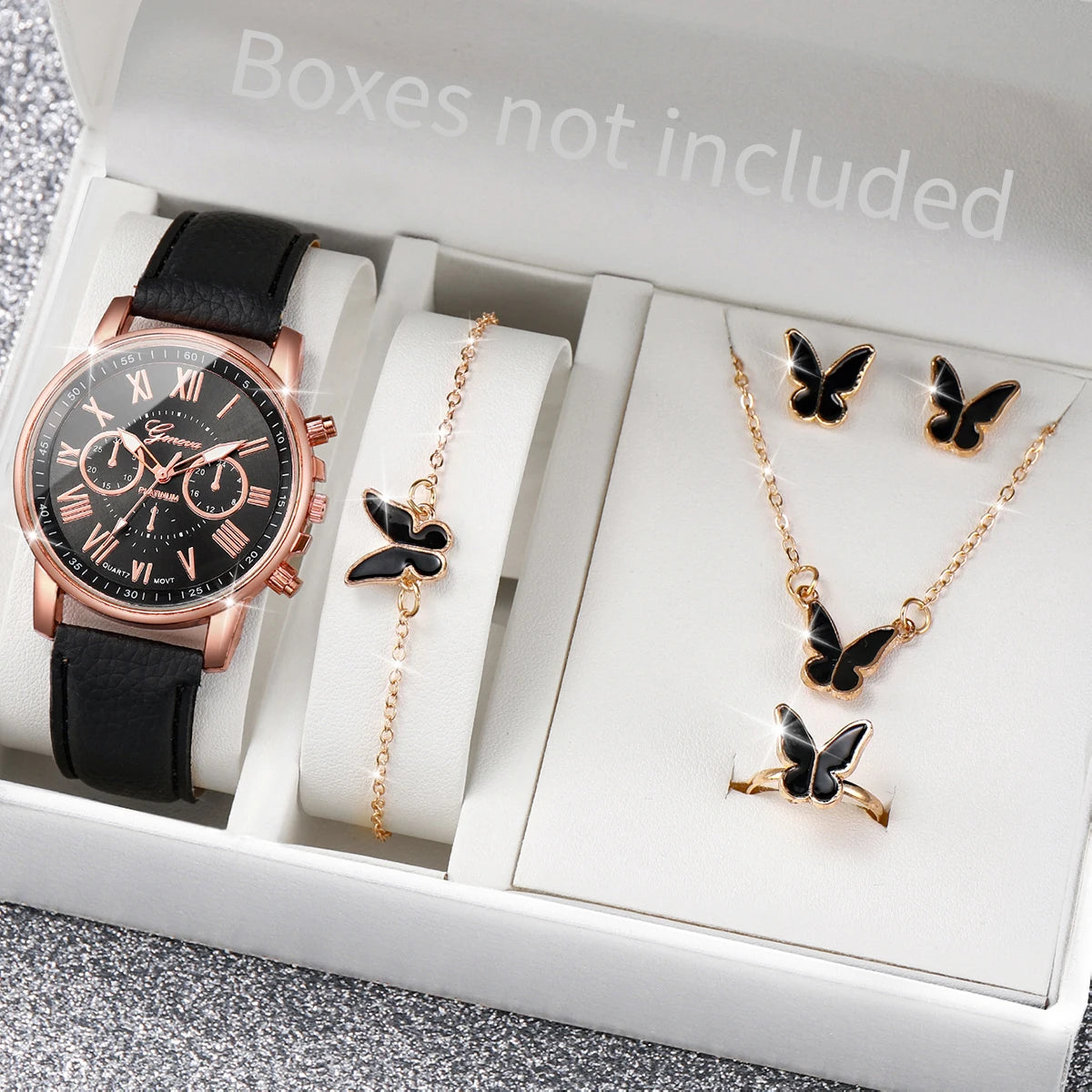 Conjunto de 5/6 Relógios de Pulso Analógicos Femininos de Quartzo com Pulseira de Couro e Detalhe de Coração com Strass (Sem Caixa)