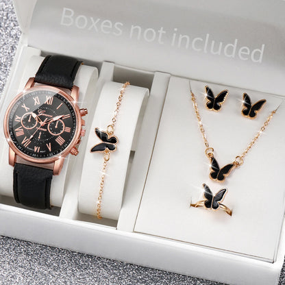 Conjunto de 5/6 Relógios de Pulso Analógicos Femininos de Quartzo com Pulseira de Couro e Detalhe de Coração com Strass (Sem Caixa)