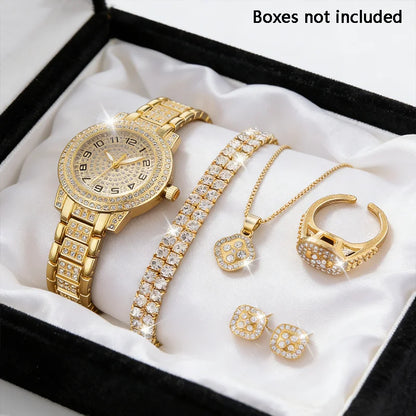Relógio de pulso feminino de luxo em ouro, elegante e moderno, com quartzo e diamantes. Conjunto de relógios femininos com pulseira.